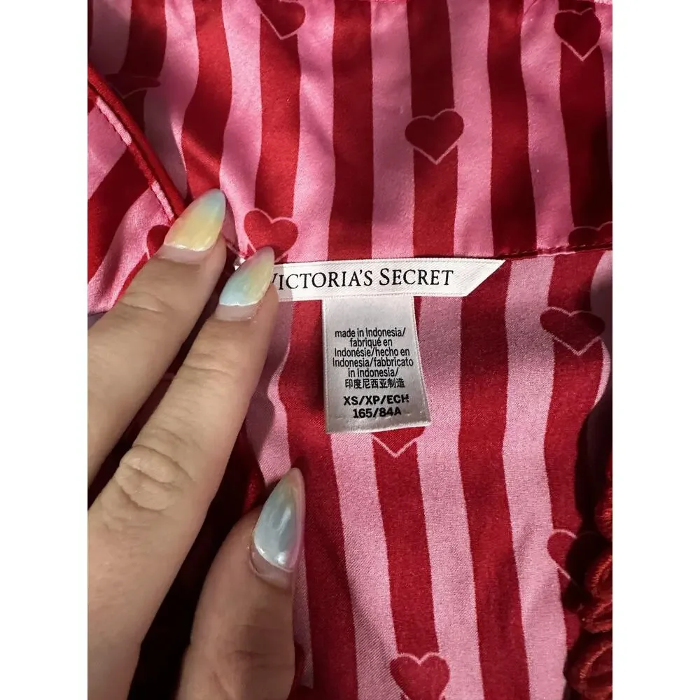 VS Pajama Set Womens XS Pink Heart Stripe Satin Shorts
